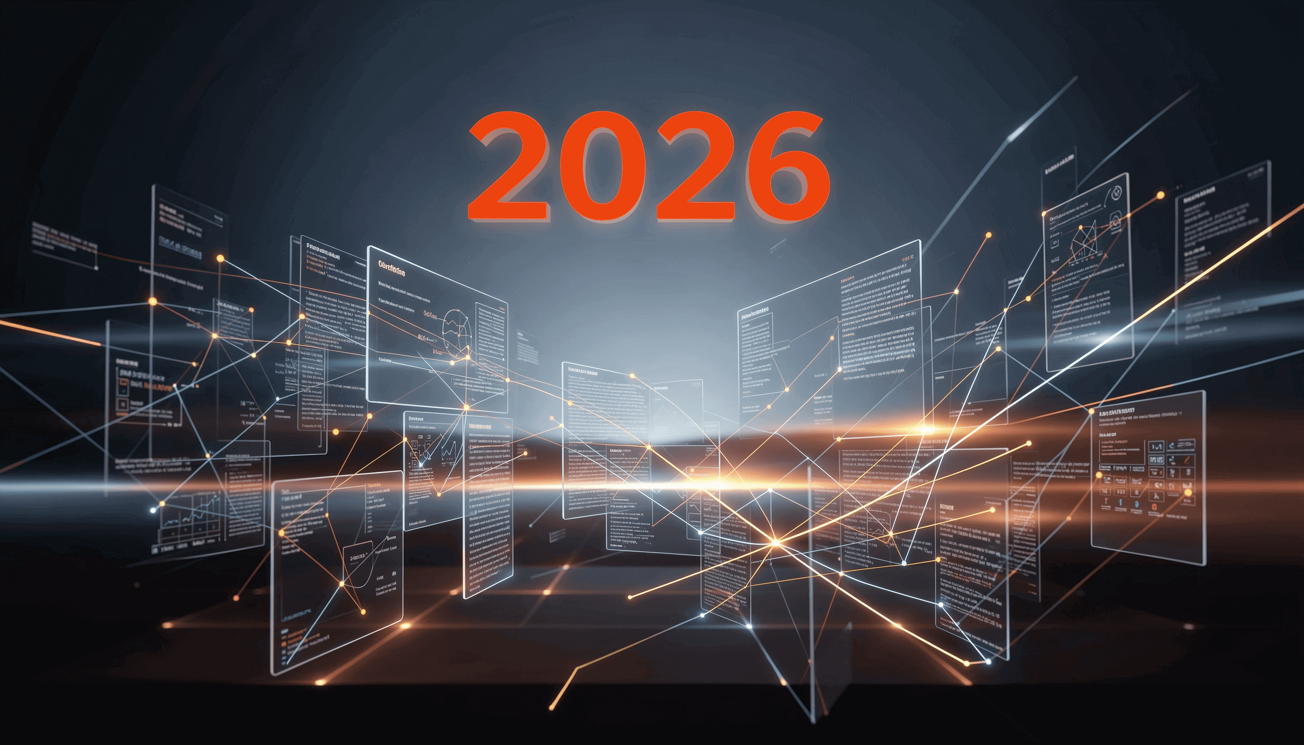 schwebende Diagramme, Linien und Punkte, im Hintergrund steht die Zahl 2026