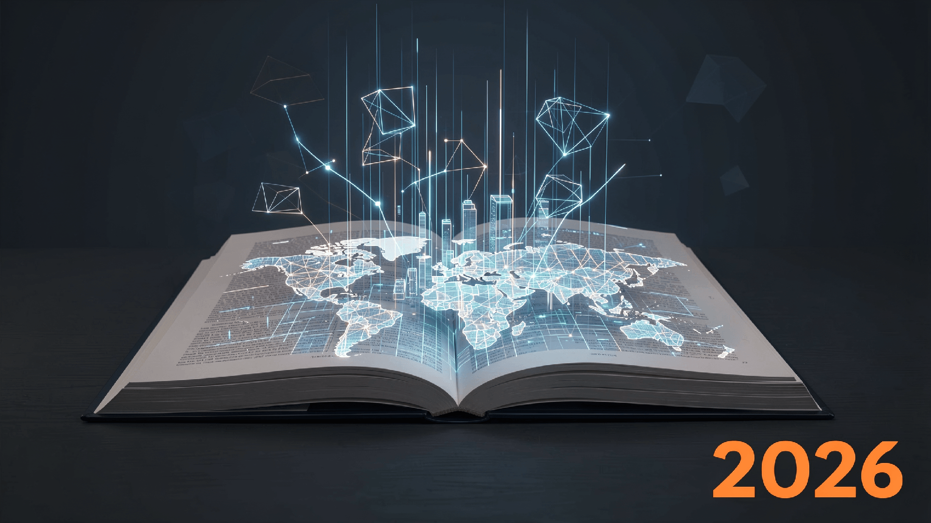 Ein offenes Buch mit schwebenden Linien. Unten rechts steht die Zahl 2026.
