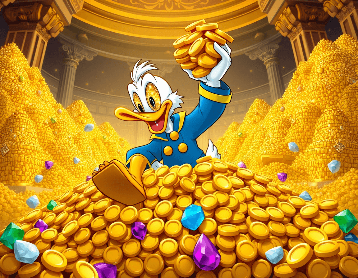 Dagobert Duck sitzt mit funkelnden Augen auf seinem Goldhaufen