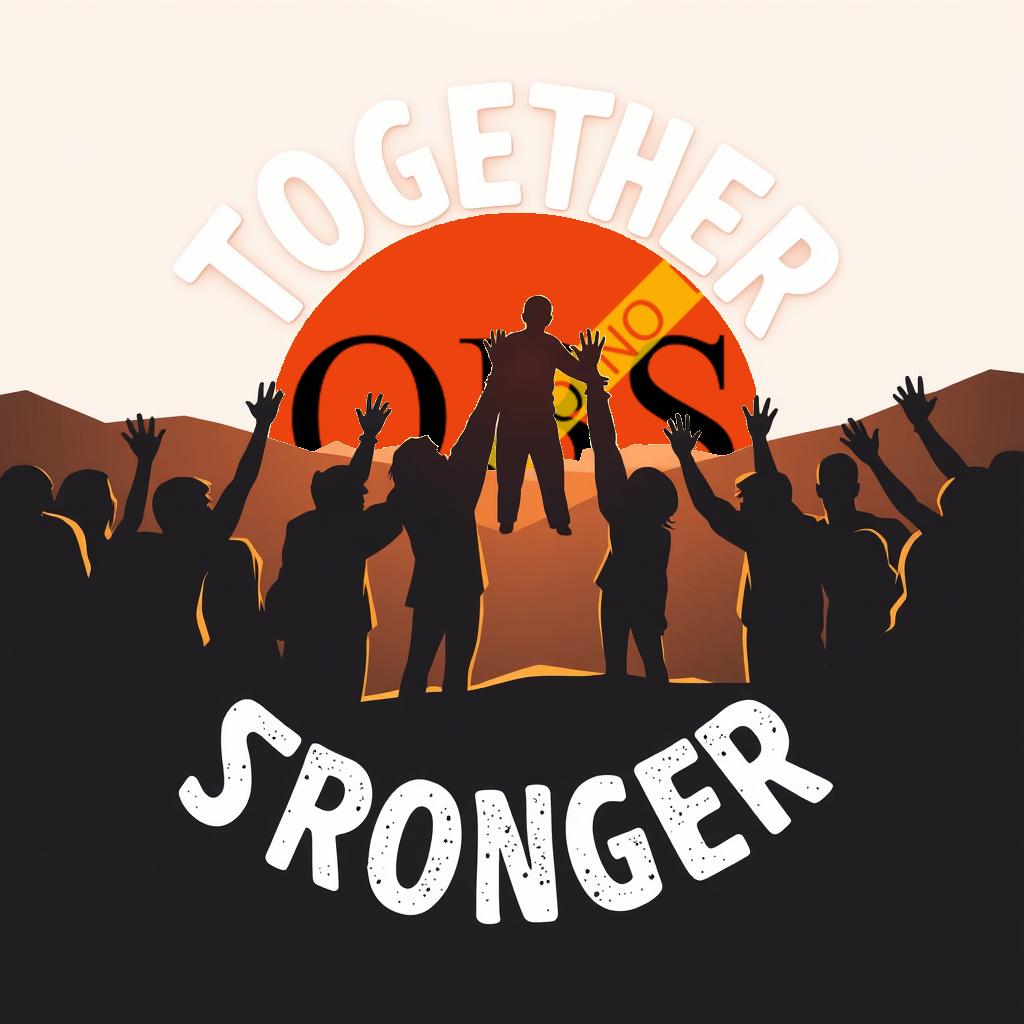 Eine Community die sich gegenseitig unterstützt, umgeben vom Text Together Stronger