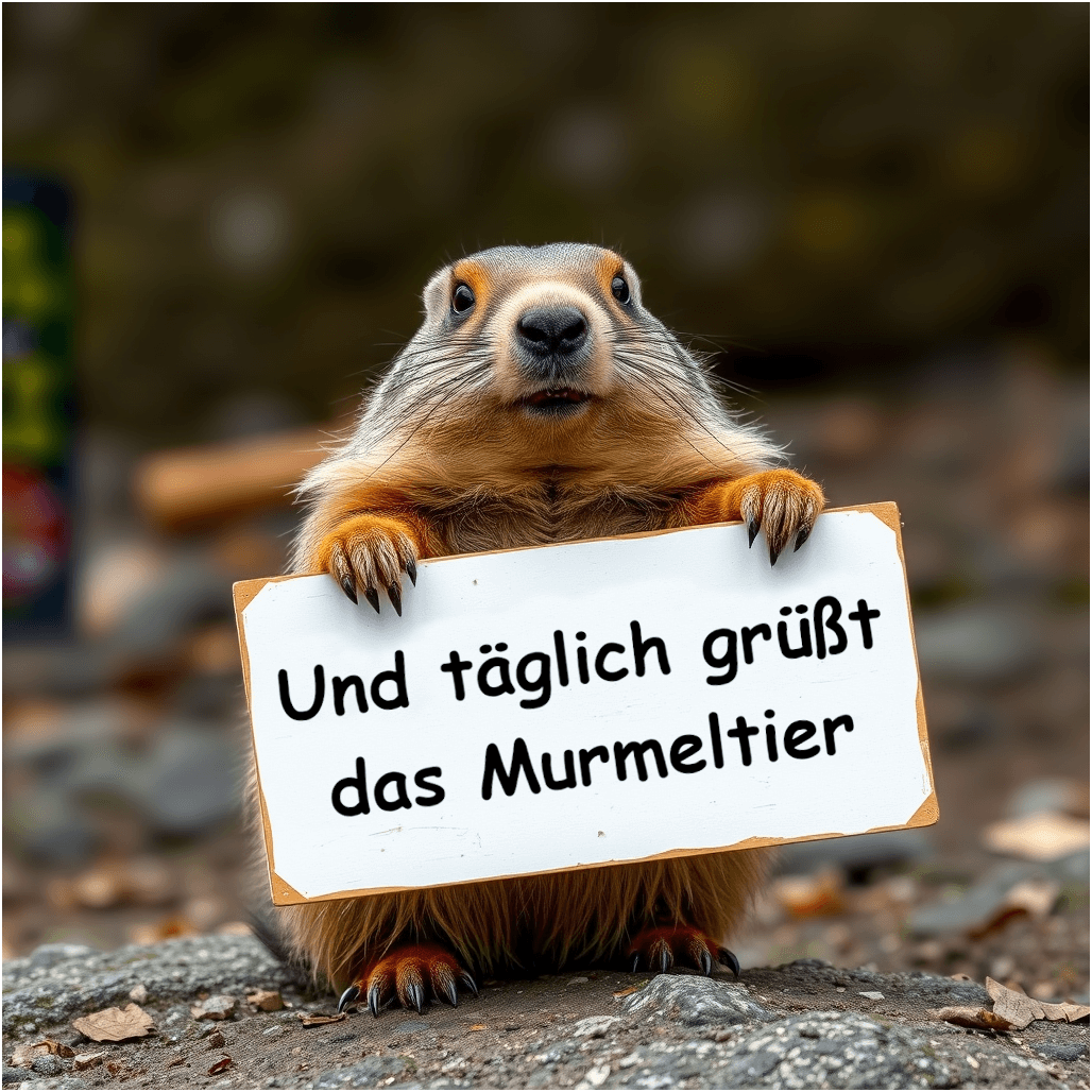 Ein Murmeltier hält ein Schild mit der Aufschrift "Und täglich grüßt das Murmeltier"