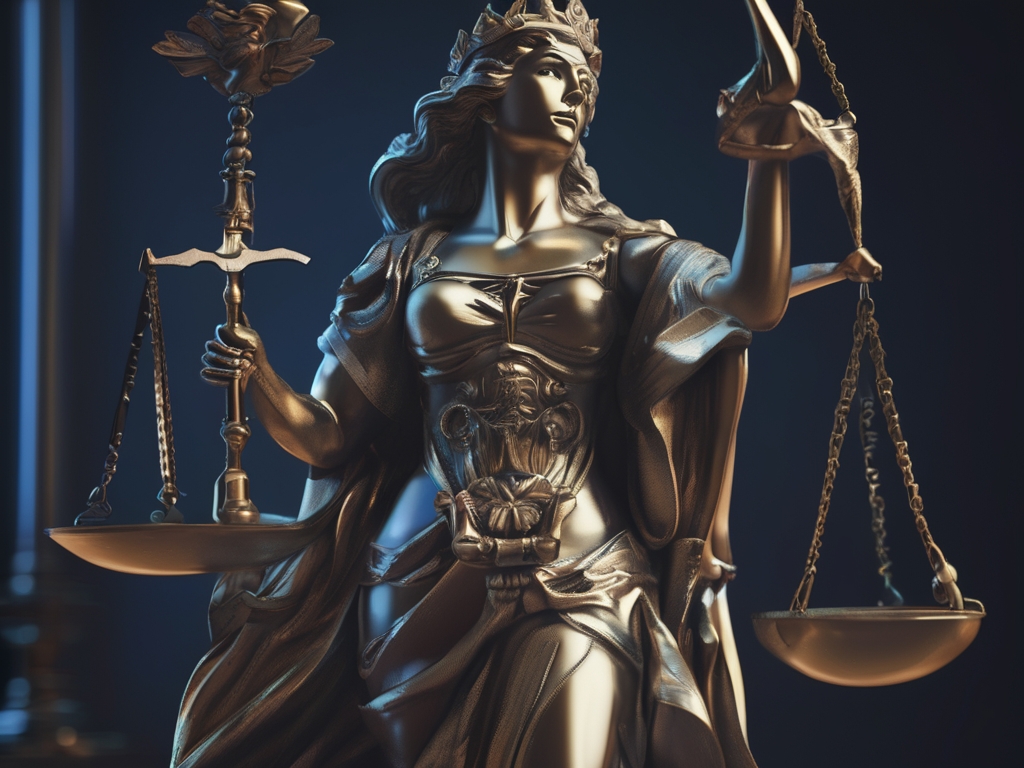 Statue der Justitia, die eine Waage mit zwei Waagschalen hält – Symbol für Gerechtigkeit und Unparteilichkeit