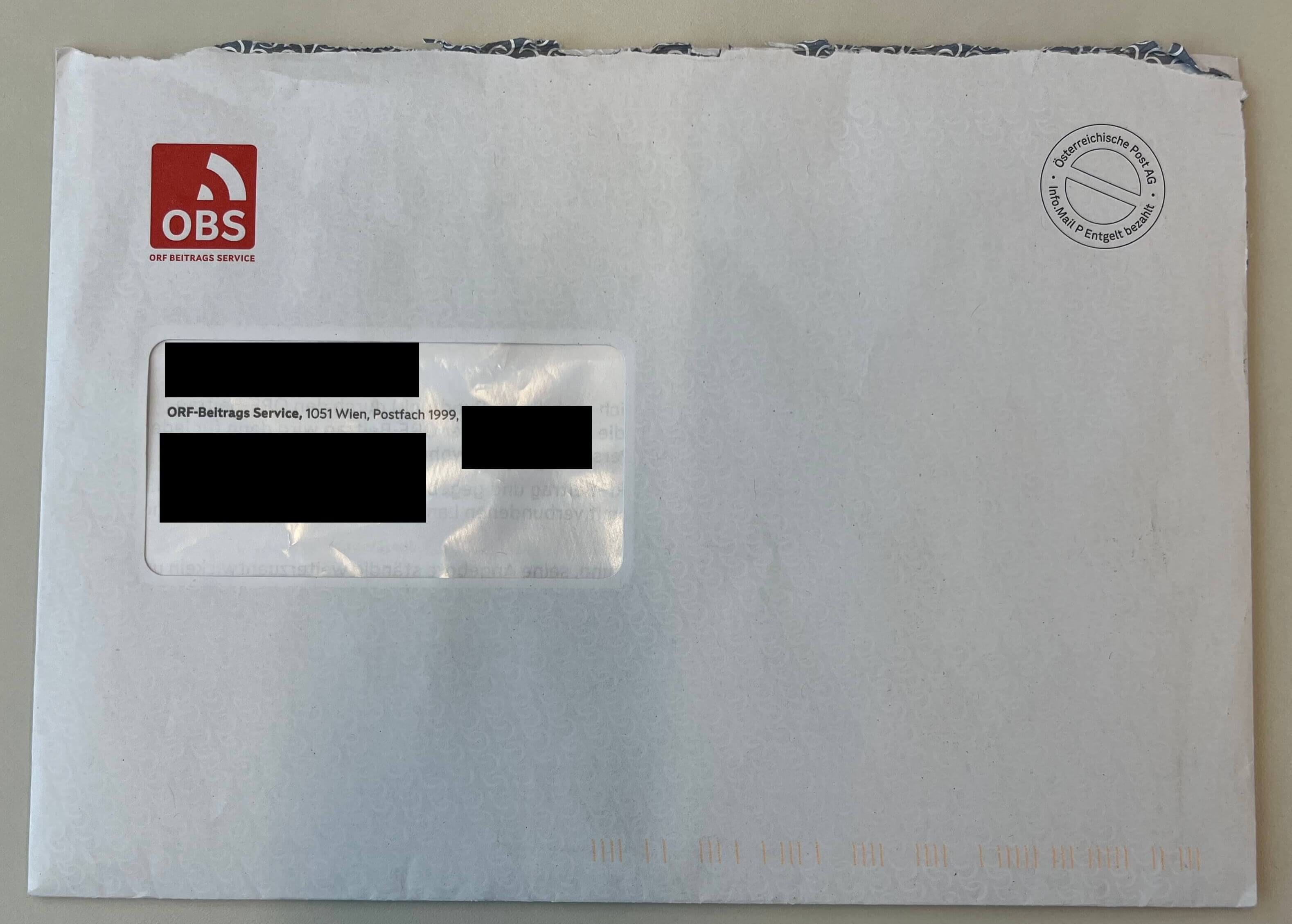Anmeldungsbriefumschlag von der OBS Vorderseite