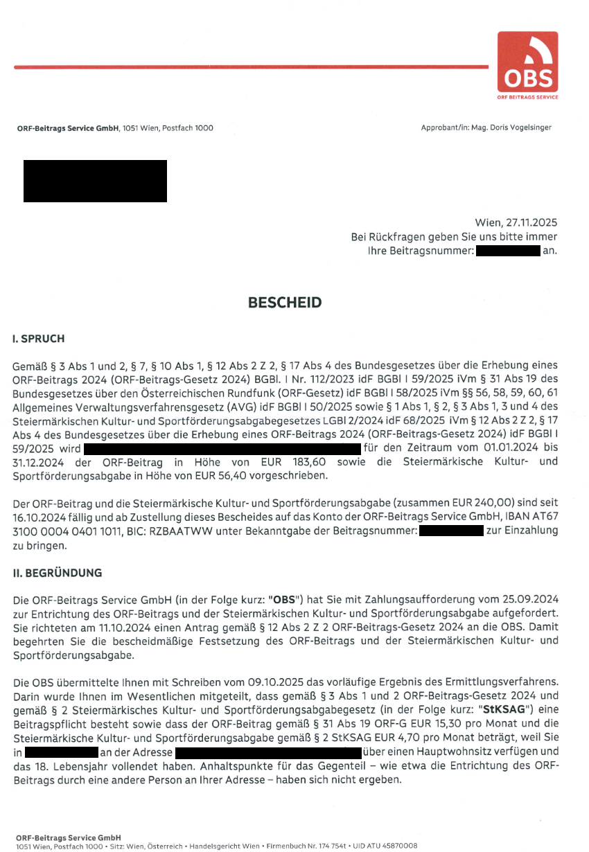 Bescheid von der OBS Seite 1