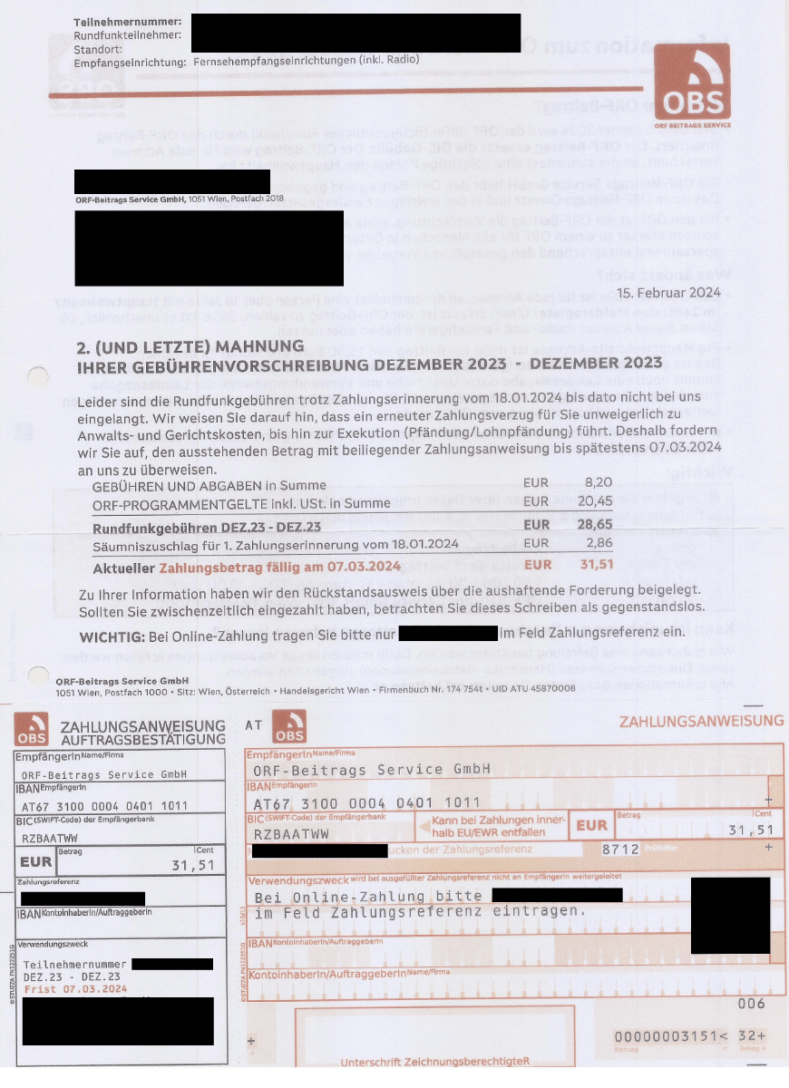 Mahnung von der OBS Vorderseite