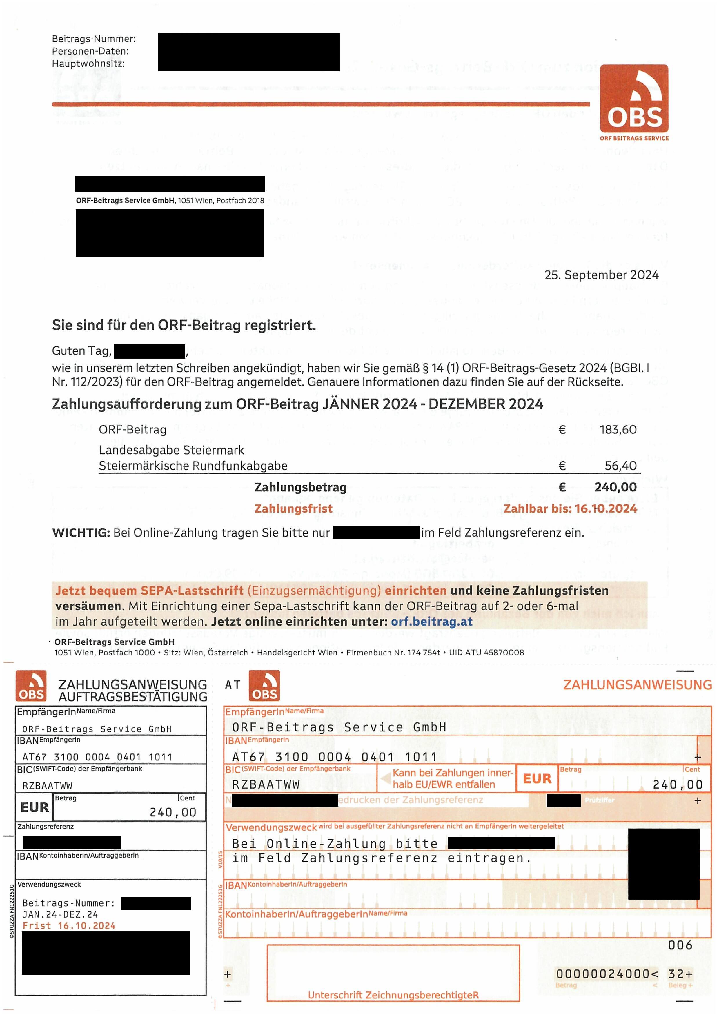 Zahlungsaufforderung von der OBS Seite 1
