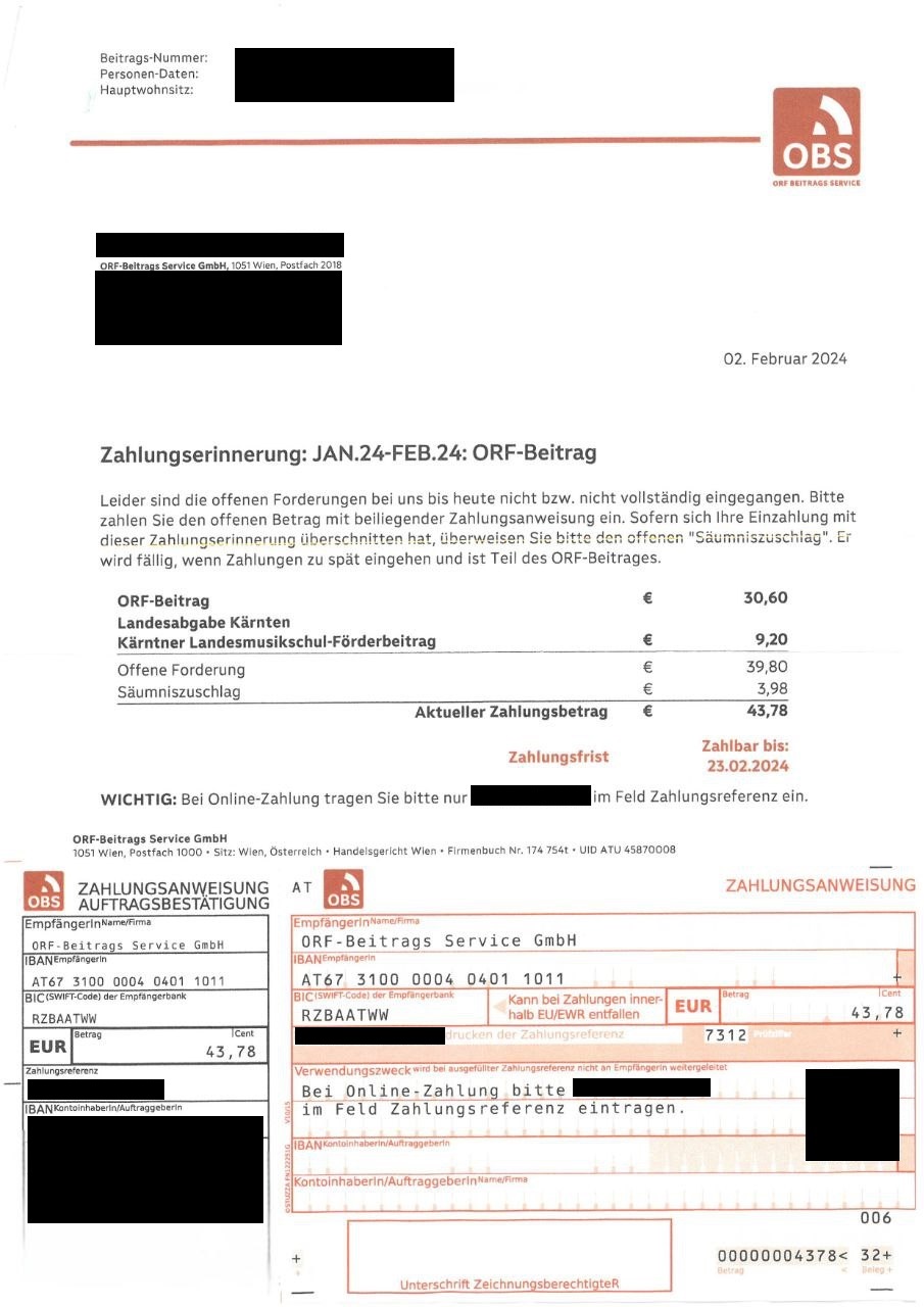 Zahlungserinnerung von der OBS Seite 1