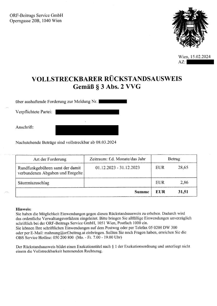 vollstreckbarer Rückstandsausweis von der OBS Seite 1